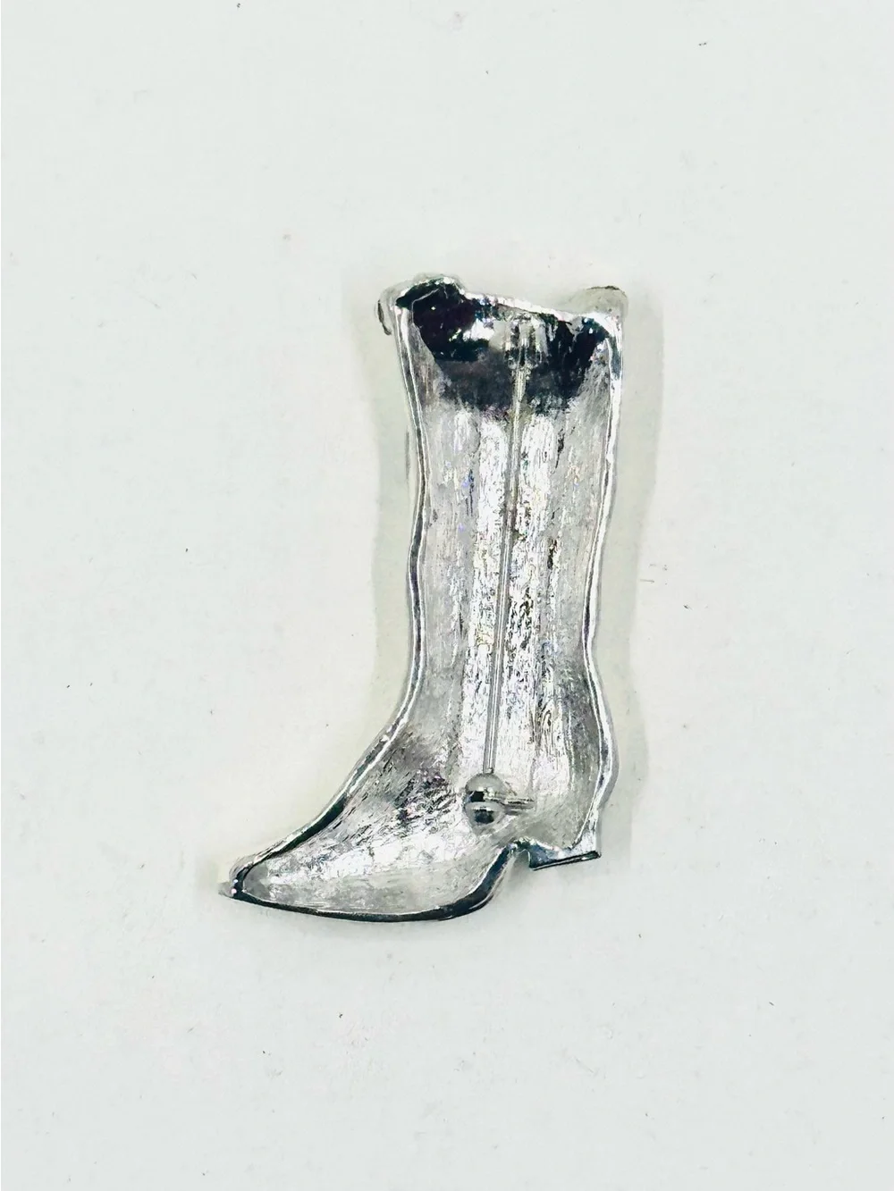 Silver Tone Cream Enamel Western Cowboy Boot Brooch with Rhinestones